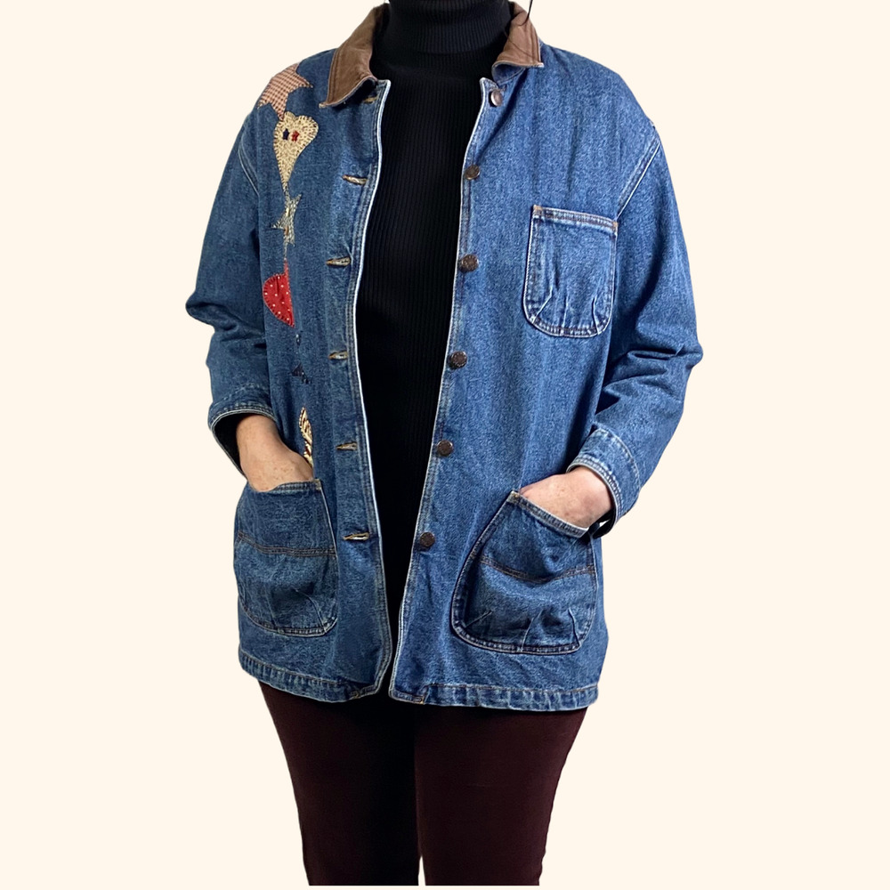 Y2K Vintage Americana Patchwork Western Denim Chore Jean Jacket Sz Large